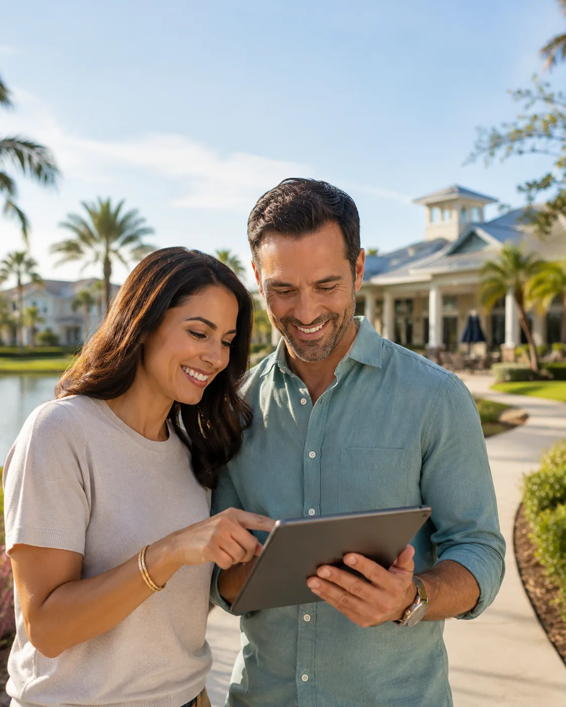 A young couple holding keys to their new Florida home